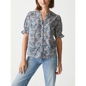 Michael Stars Alessa  Blouse, Floral, Ruffle Puff Sleeve, Button Down, Sz M